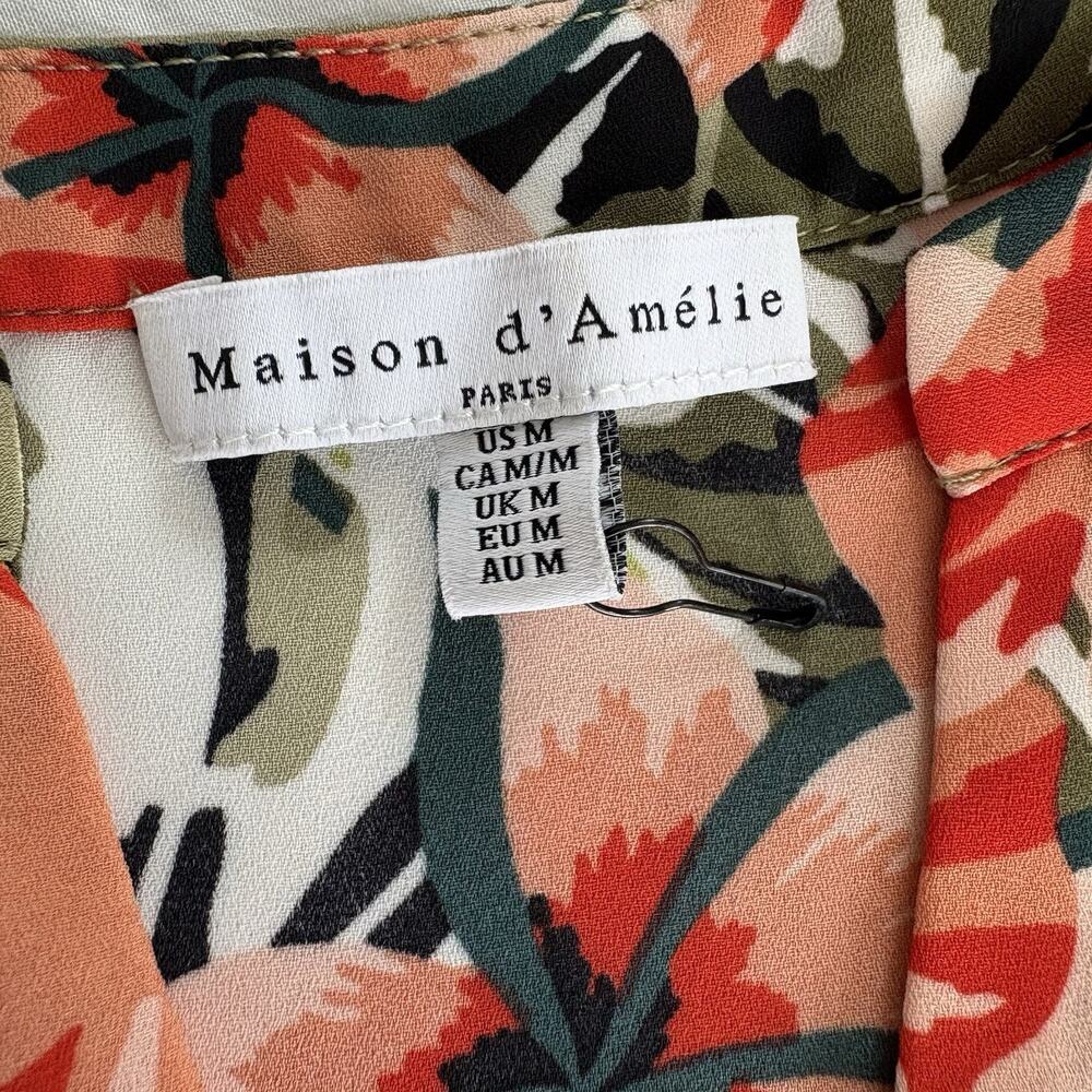 Maison d’Amelie Paris Tropical Floral Blouse Women’s M Olive Split Neck Top - Picture 2 of 10